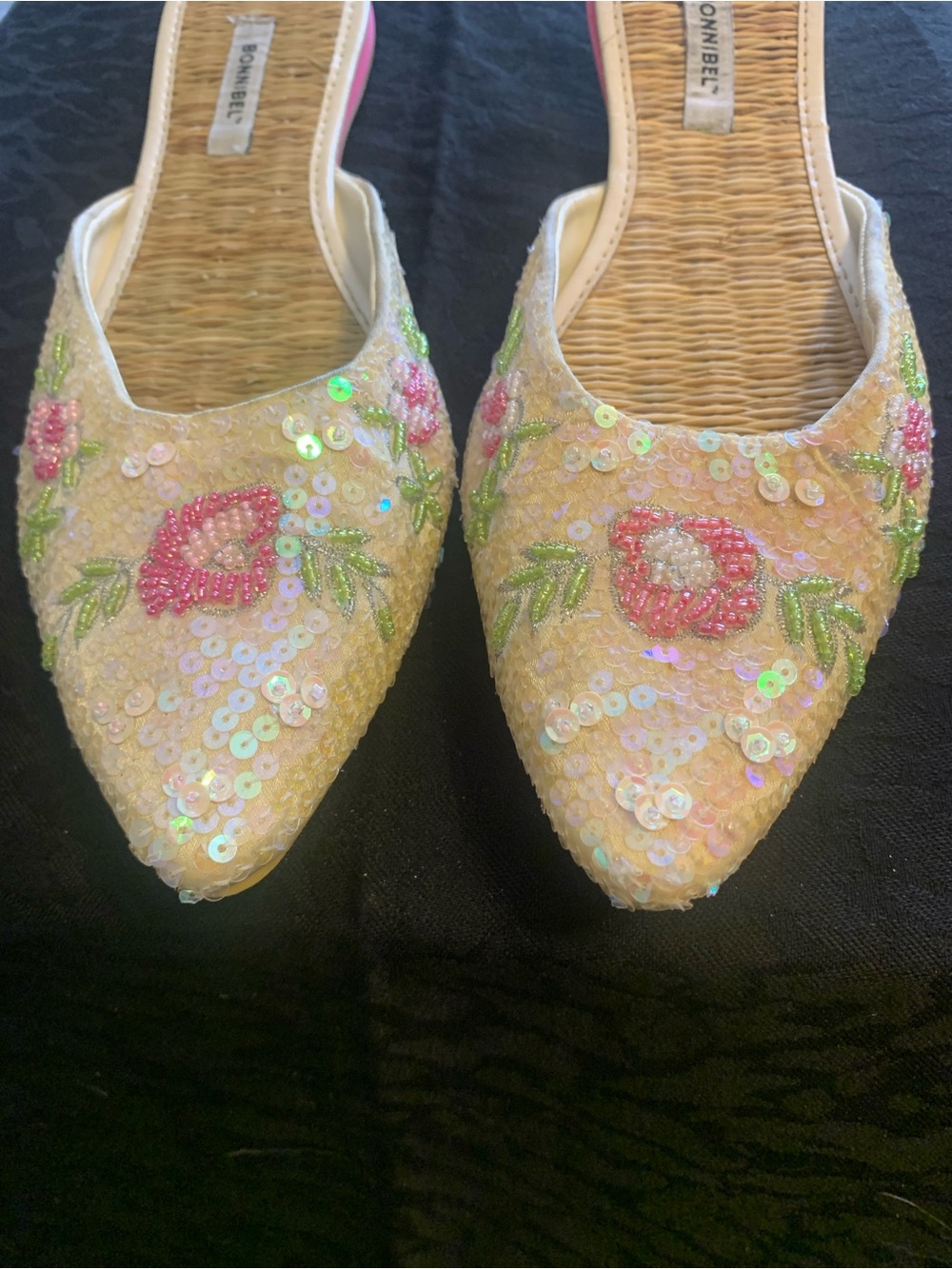 Bonnibel Pink & Cream Sequin Floral Pointed Mules